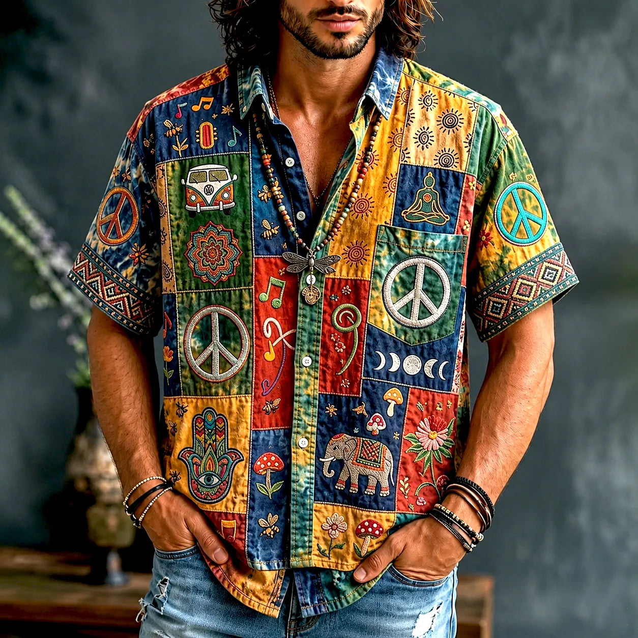 Men's Peace Sign And Guitar Hippie Patchwork Print Casual Shirt