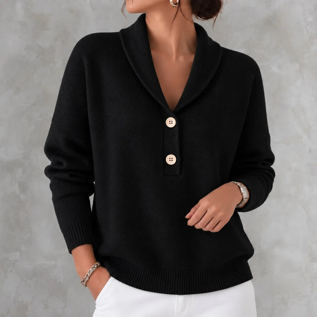 Elegant Solid Color Collar Button Knit Sweater