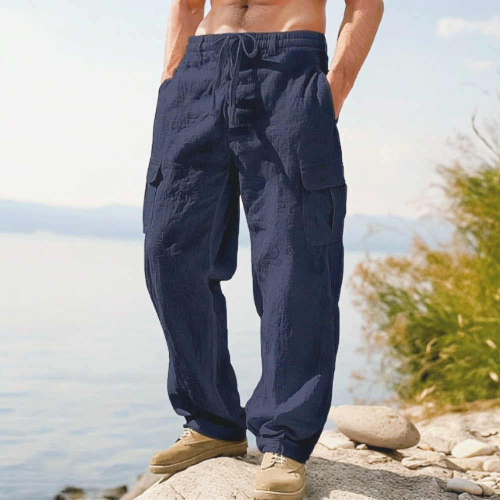 Men's Linen Cargo Pants Drawstring Multi-Pocket Straight Leg Breathable Outdoor Beach Classic Casual Long Pants