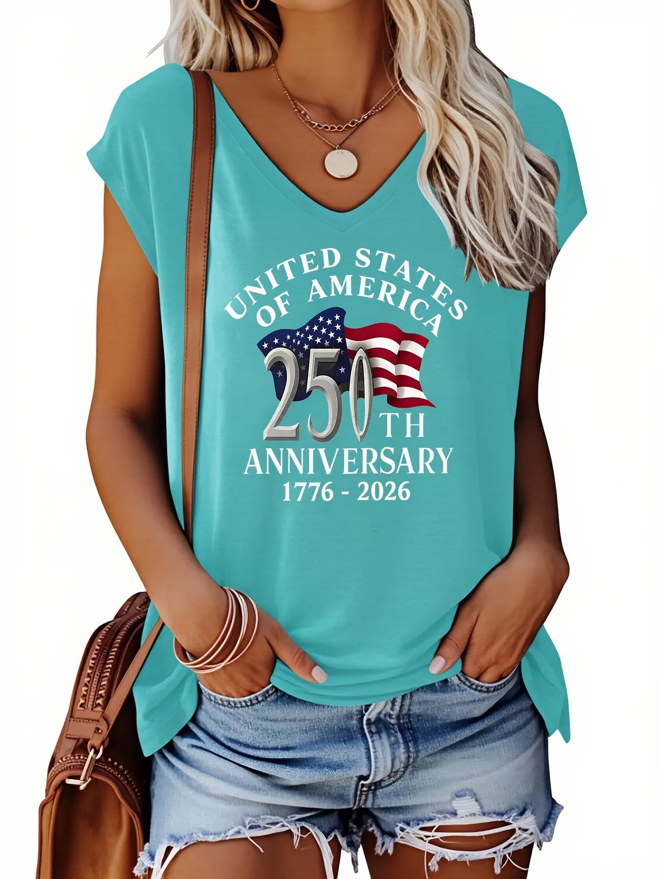 American Flag 250th Anniversary Print V-neck Tank Top