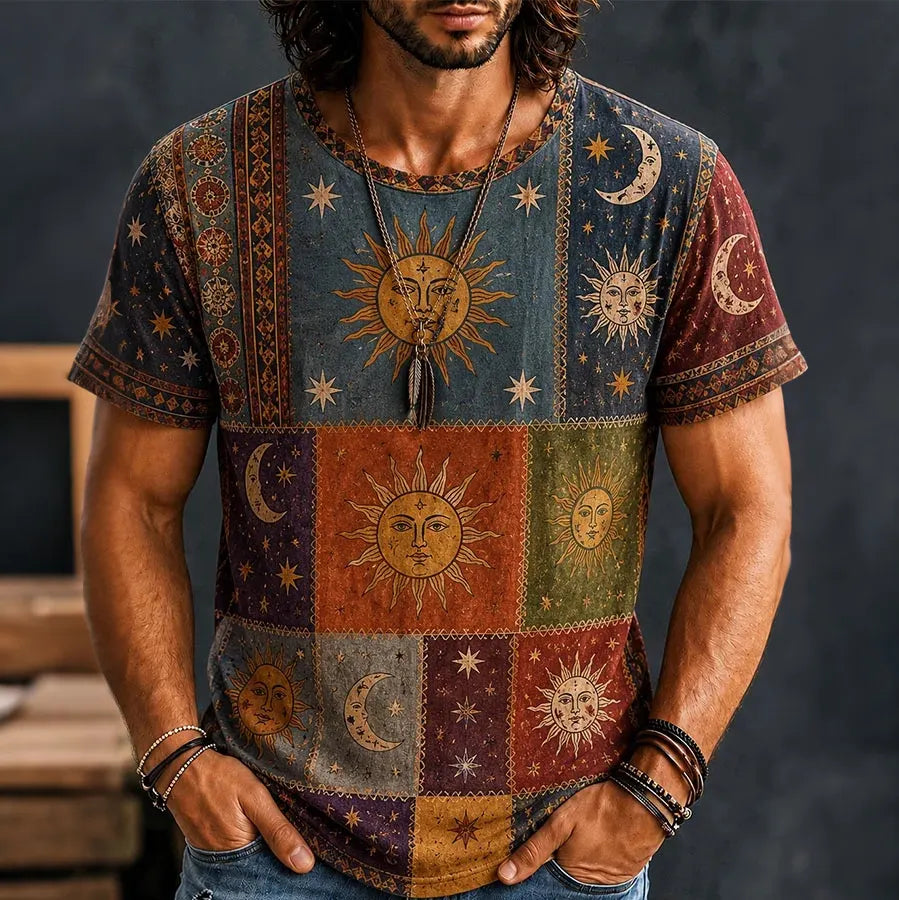 Men's Hippie Sun Moon Geometric Patchwork Print Short Sleeve T-shirt