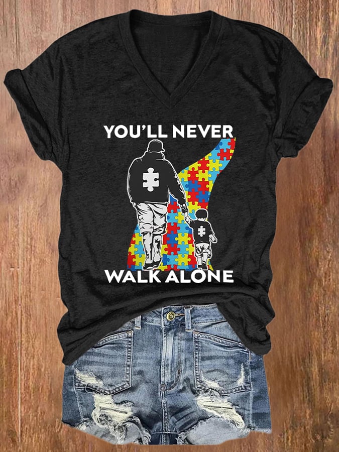 V-Neck Retro Autism Awareness Dad And Son You'll Never Walk Alone Print T-Shirt