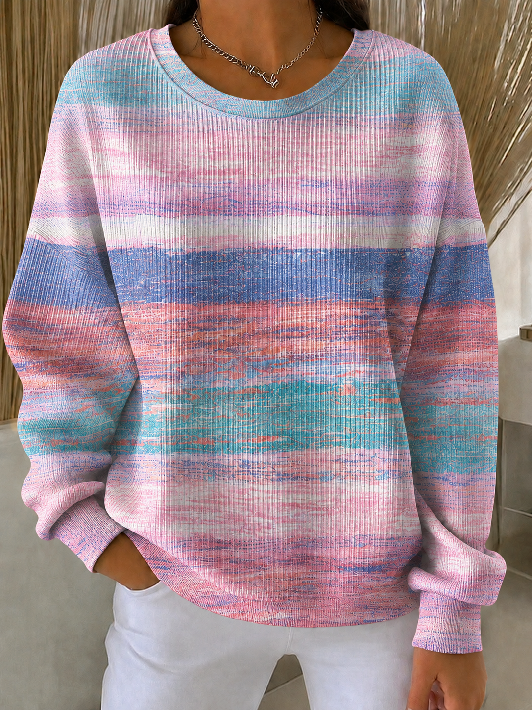 Women'S Breast Cancer Promotional Print Casual Waffle Sweatshirt