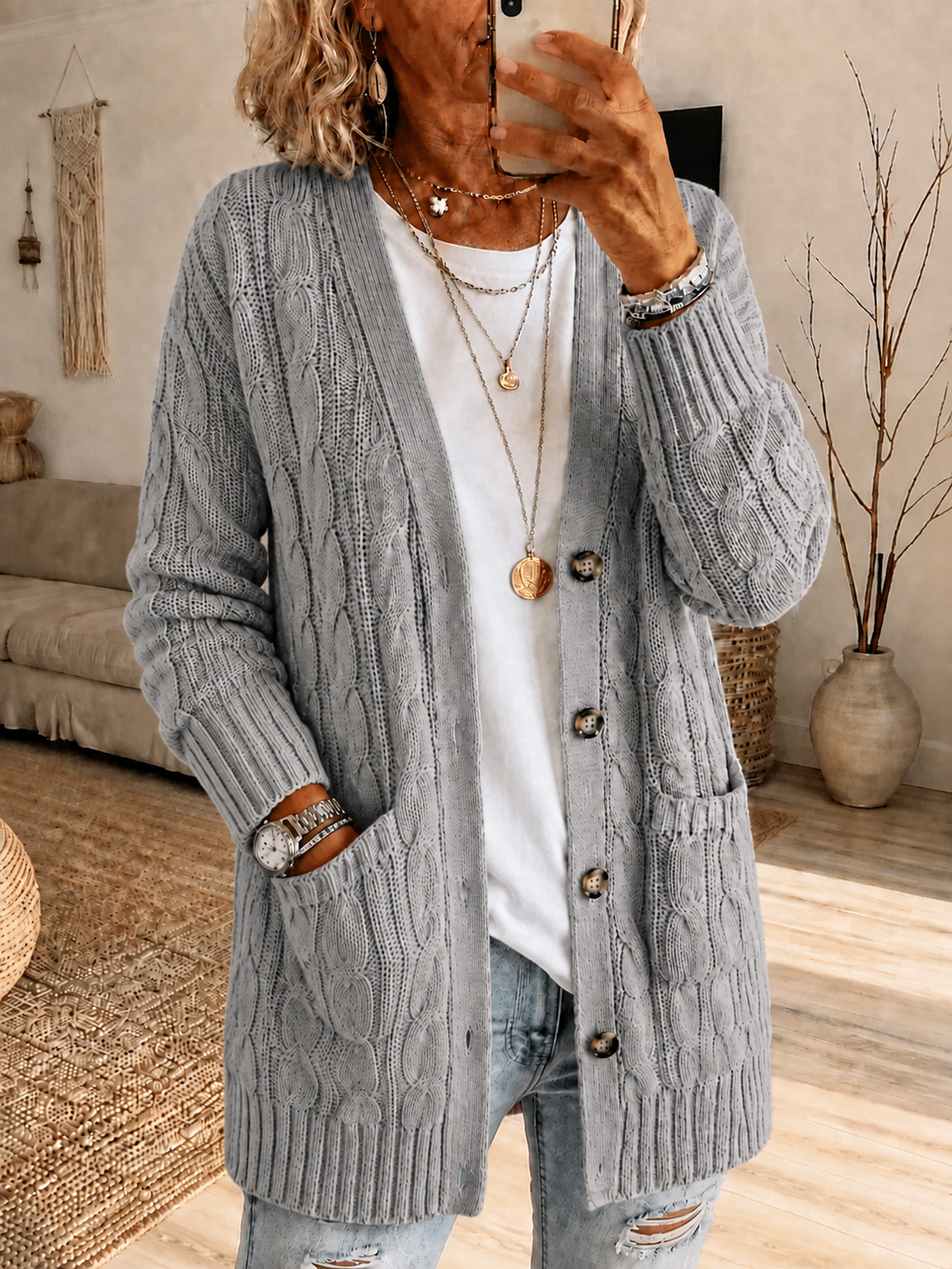 Women'S Pink Multi-Color Casual Cardigan Knitted Sweater Mid Length Top