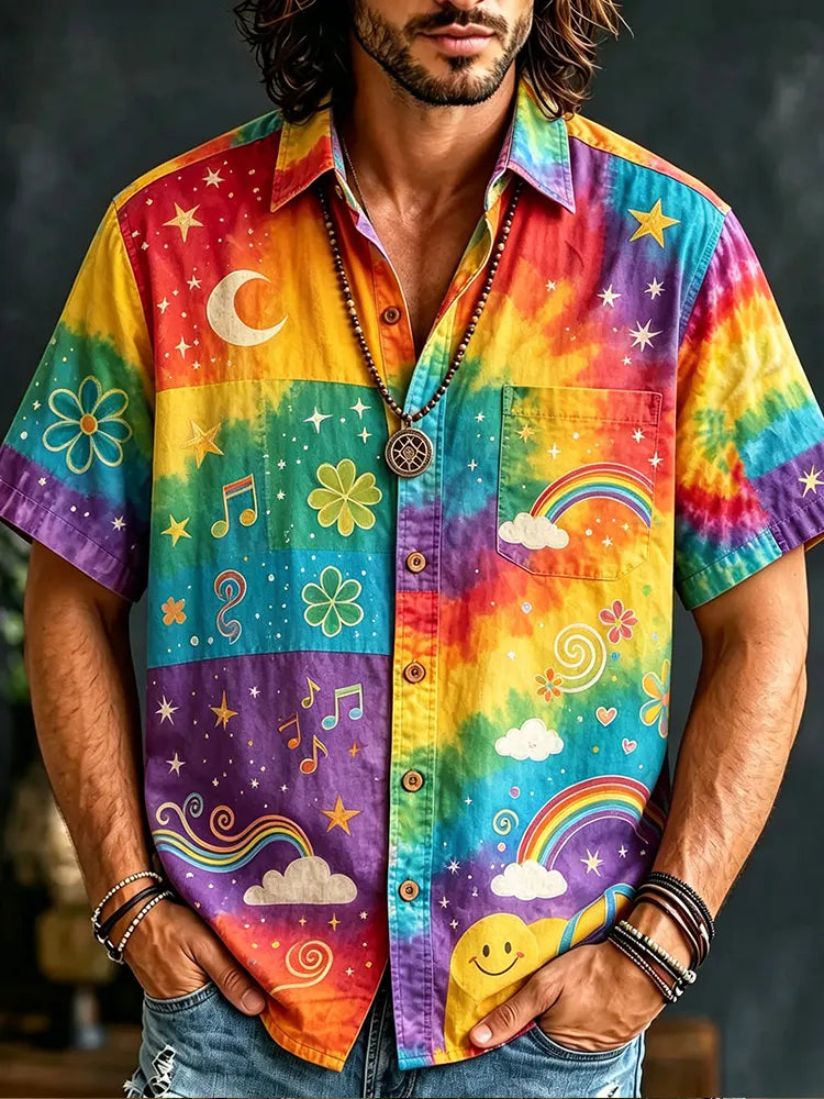 Men's Short-sleeve Button-down Shirt With Rainbow Tie-dye, Moon, Stars, Rainbows, And Music Notes