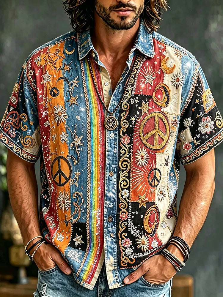 Vintage Bohemian Peace Sign Color Stripe Floral Embroidery Sparkle Rhinestone Casual Shirt