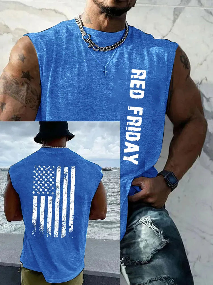 Red Friday America Flag Pattern Round Neck 100% Cotton Tank Top