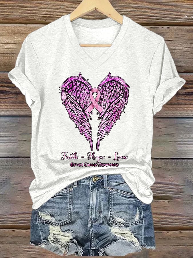 Women's Faith-Hope-Love Breast Cancer Awareness Printed Casual V-Neck T-Shirt
