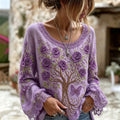 Women's Vintage Viking Tree Of Life And Rose Embroidery Long-sleeve T-shirt