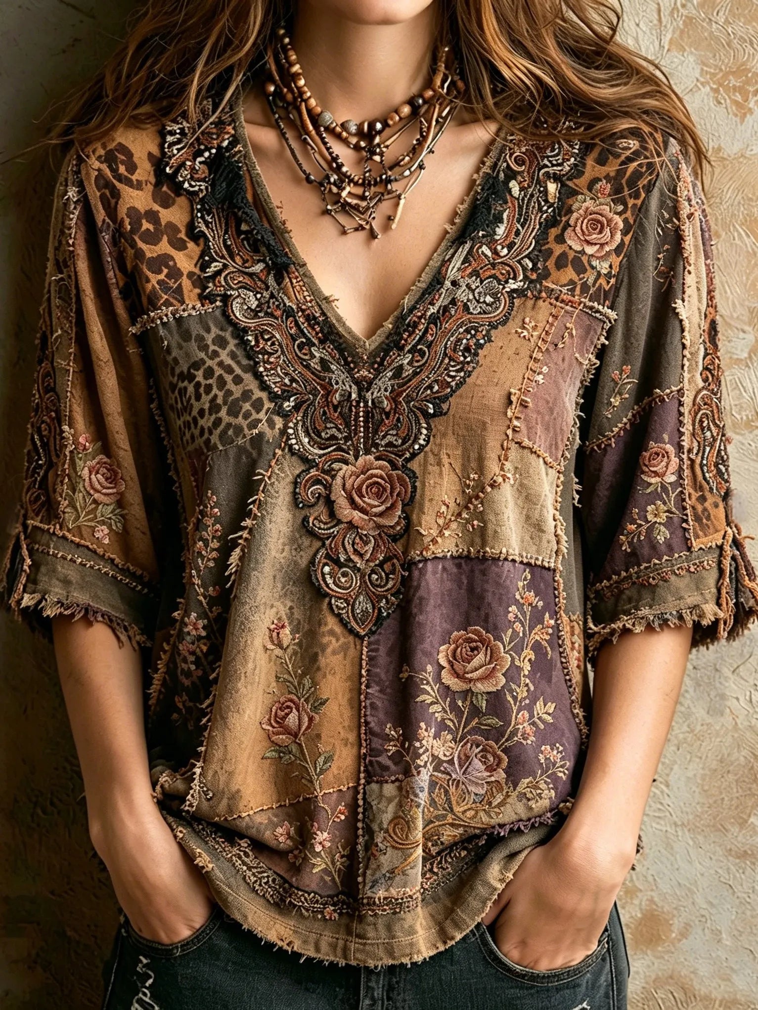 Women's Retro Hippie Western Style Leopard Print Patchwork Cotton Linen Top