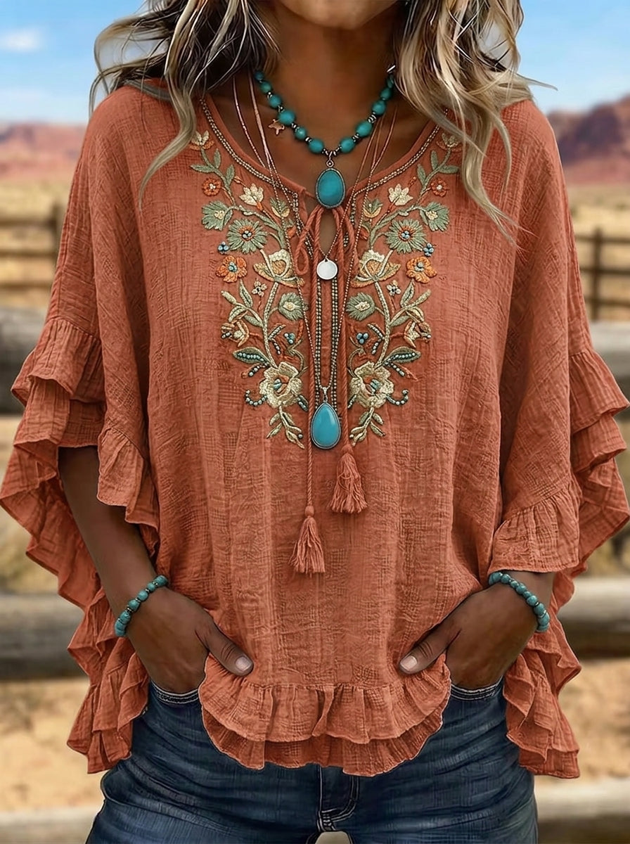 Women's Western Vintage Floral Embroidered Ruffle Printed Top