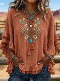 Women's Western Vintage Floral Embroidered Ruffle Printed Top