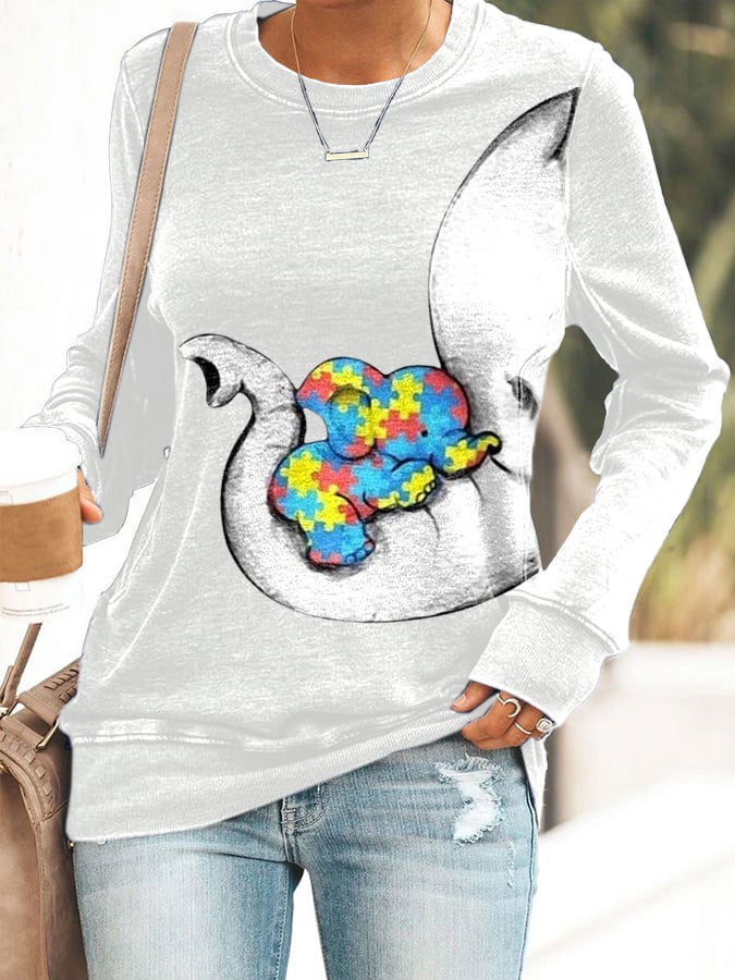 Women'S Autism Elephant And Baby Elephant Print Long Sleeve Sweatshirt
