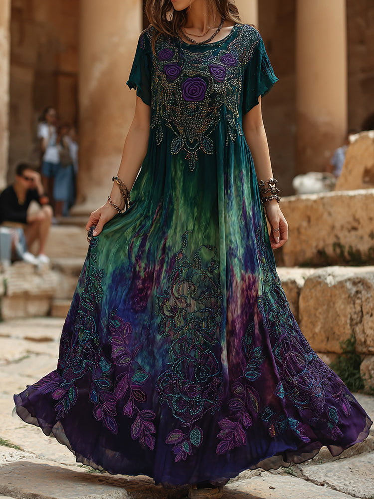 Women's Vintage Floral Embroidery Gradient Pattern Round Neck Maxi Dress