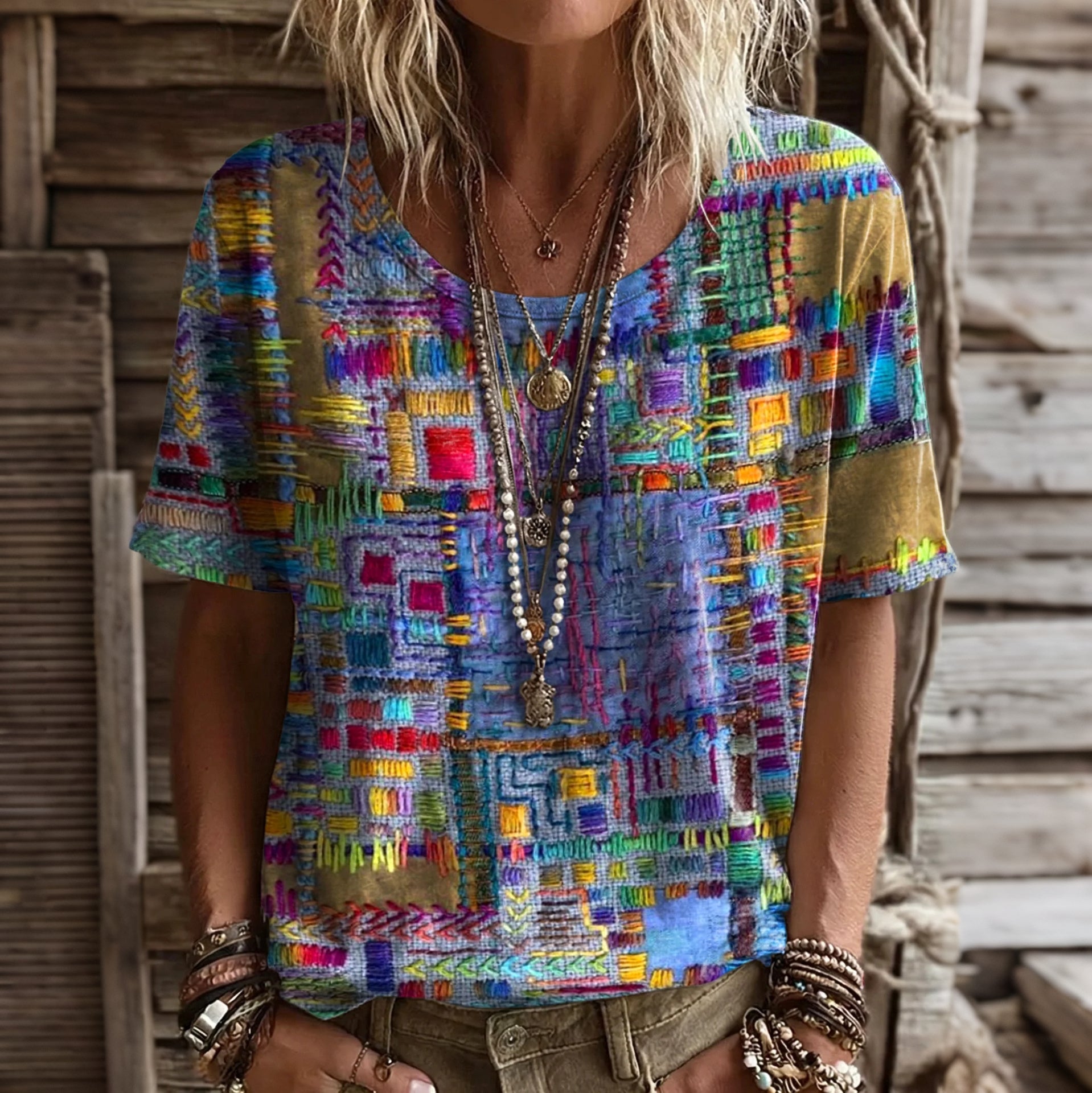 Women's Geometric Art Print Crew Neck Short Sleeve T-shirt