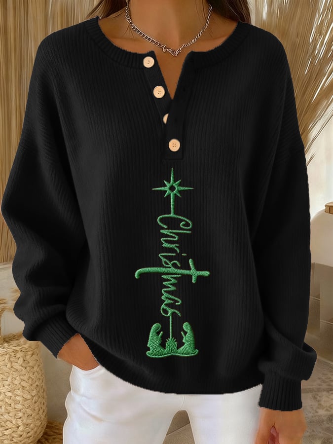 Women's Christmas Print Knit Button-Up Top