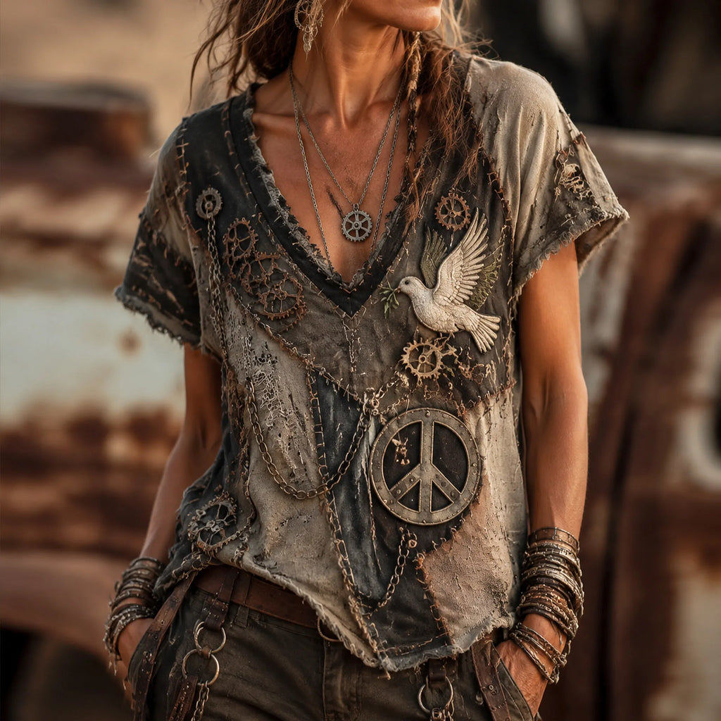 Women's Post Apocalyptic Boho Patchwork Wasteland Gear Peace Sign Dove Embroidery Distressed T-shirt