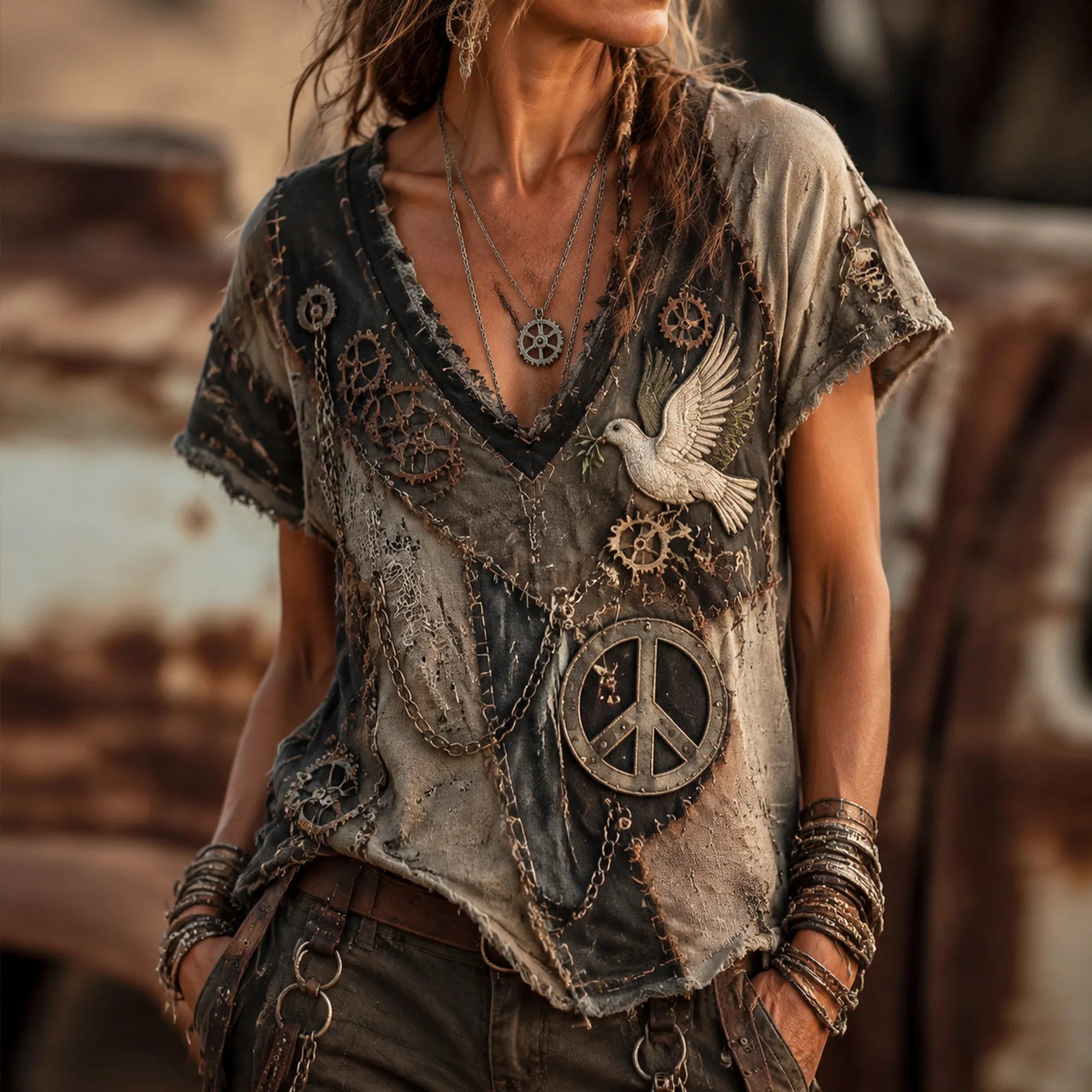Women's Post Apocalyptic Boho Patchwork Wasteland Gear Peace Sign Dove Embroidery Distressed T-shirt