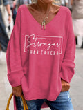 Women's Stronger Than Breast Cancer Awareness Printed Long Sleeve V-Neck Top