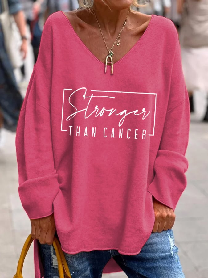 Women's Stronger Than Breast Cancer Awareness Printed Long Sleeve V-Neck Top