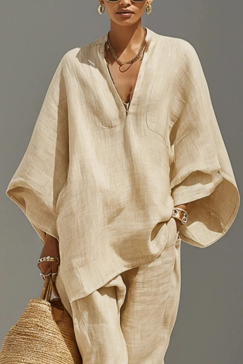 Women's Neutral Linen Set With Asymmetric Hem & Minimalist Design, Sophisticated Daily-Casual Style Set