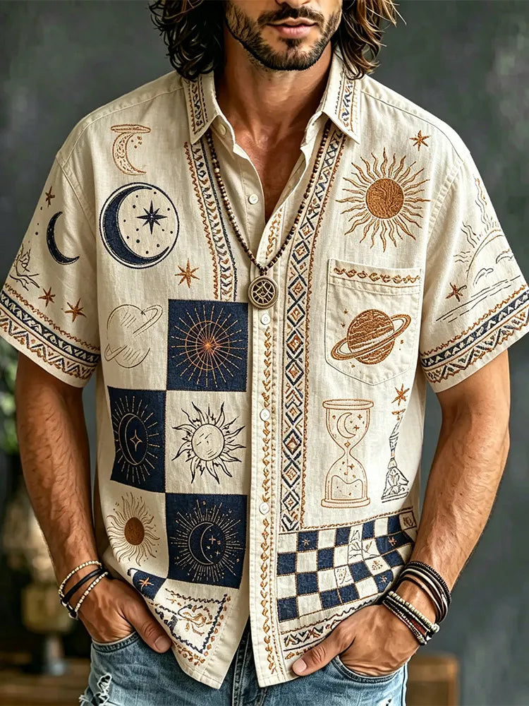Vintage Hippie Sun & Moon Checkerboard Embroidered Shirt