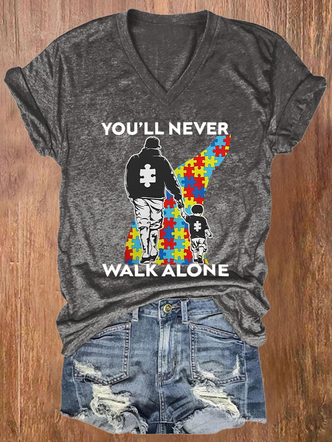 V-Neck Retro Autism Awareness Dad And Son You'll Never Walk Alone Print T-Shirt