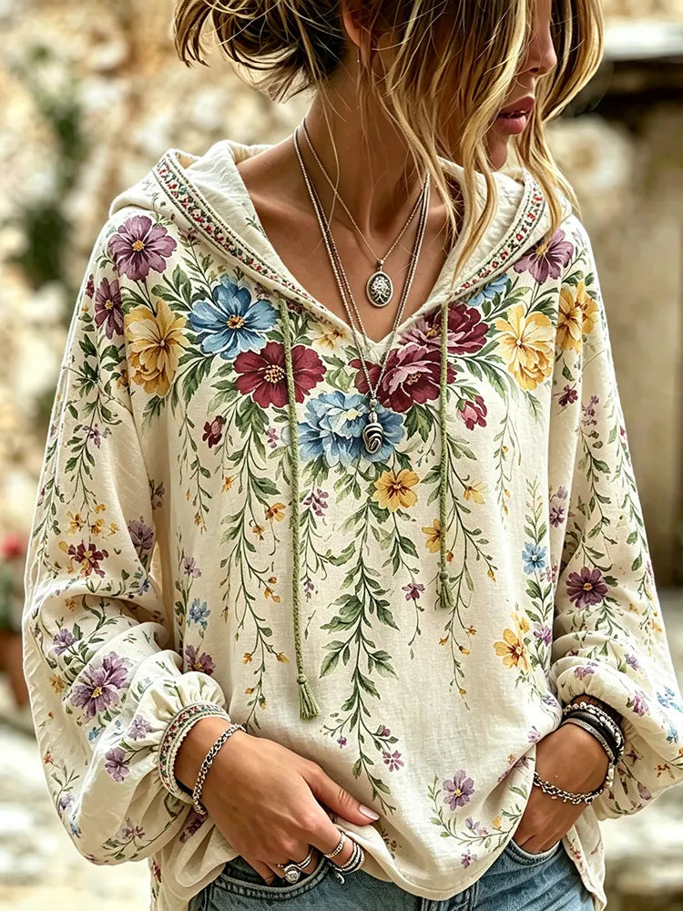 Women's Retro Floral Casual Cotton Linen Hoodie