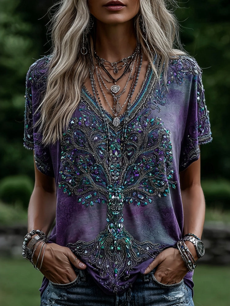 Women's Vintage Purple Floral Embroidered Pattern Art Casual T-shirt