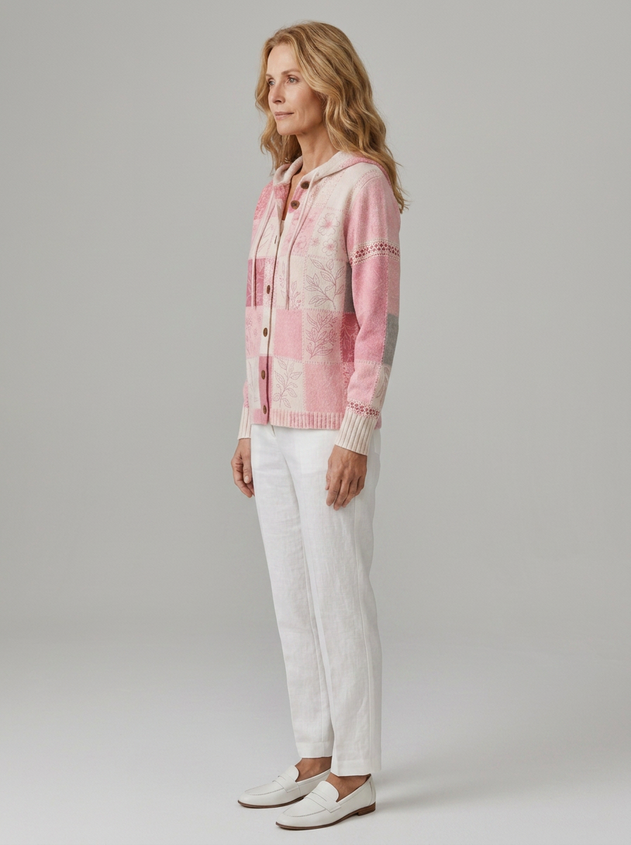 Women's Breast Cancer Awareness Floral Patchwork Printed Cardigan