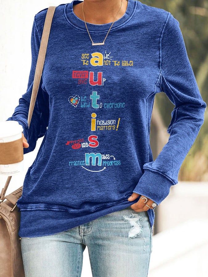 Women'S Autism Awareness Print Long Sleeve Sweatshirt