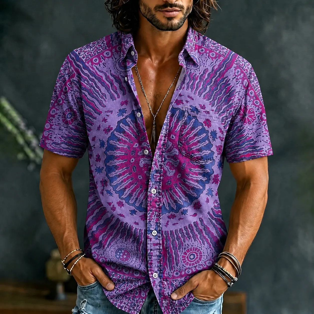 Men's Hippie Art Abstract Pattern All Over Print Short Sleeves Shirt