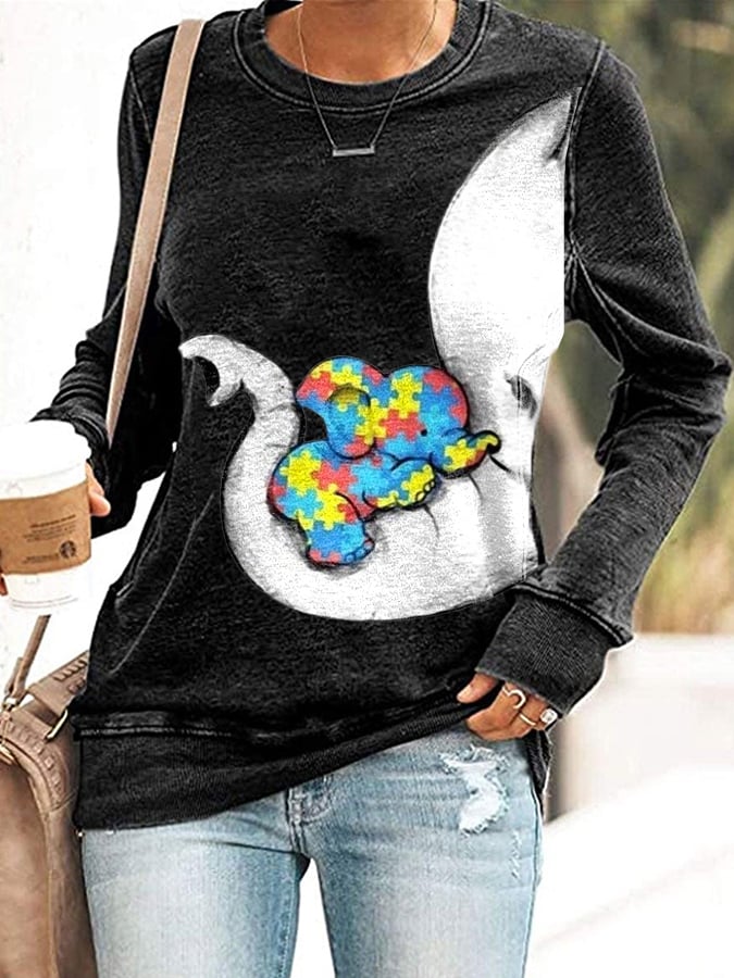 Women'S Autism Elephant And Baby Elephant Print Long Sleeve Sweatshirt
