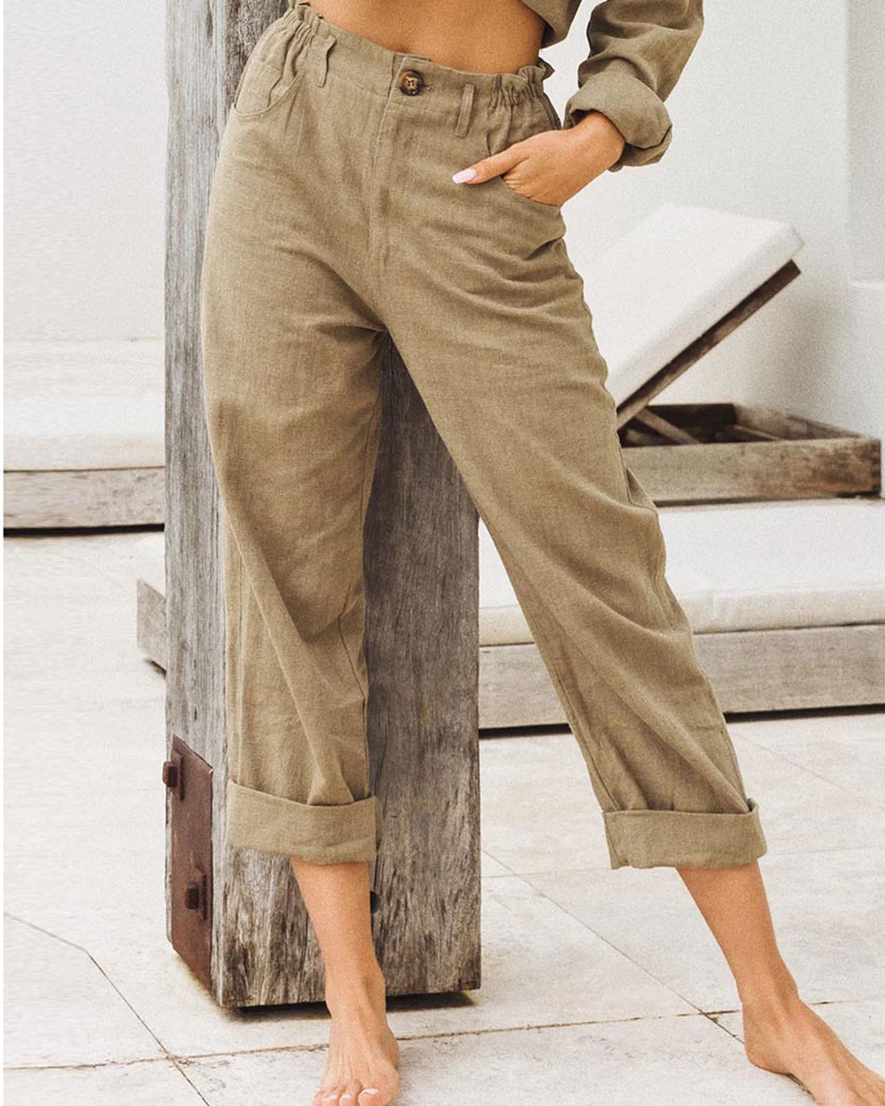 Solid Color Loose High Waist Pants