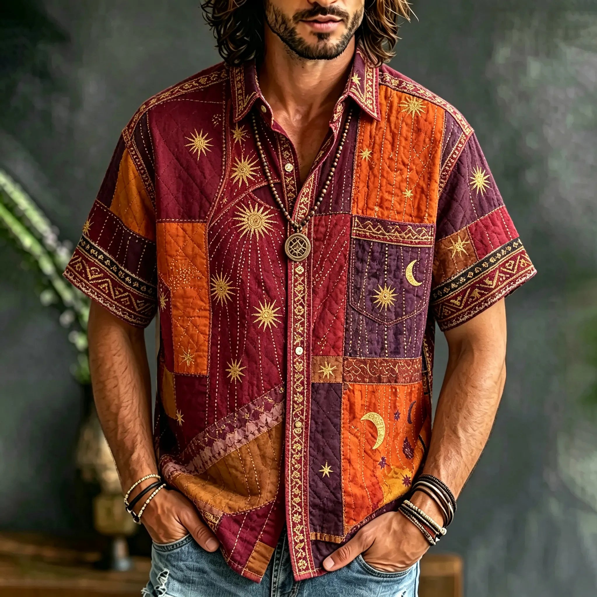 Men's Hippie Retro Patchwork Sun And Moon Design Short-sleeved Shirt