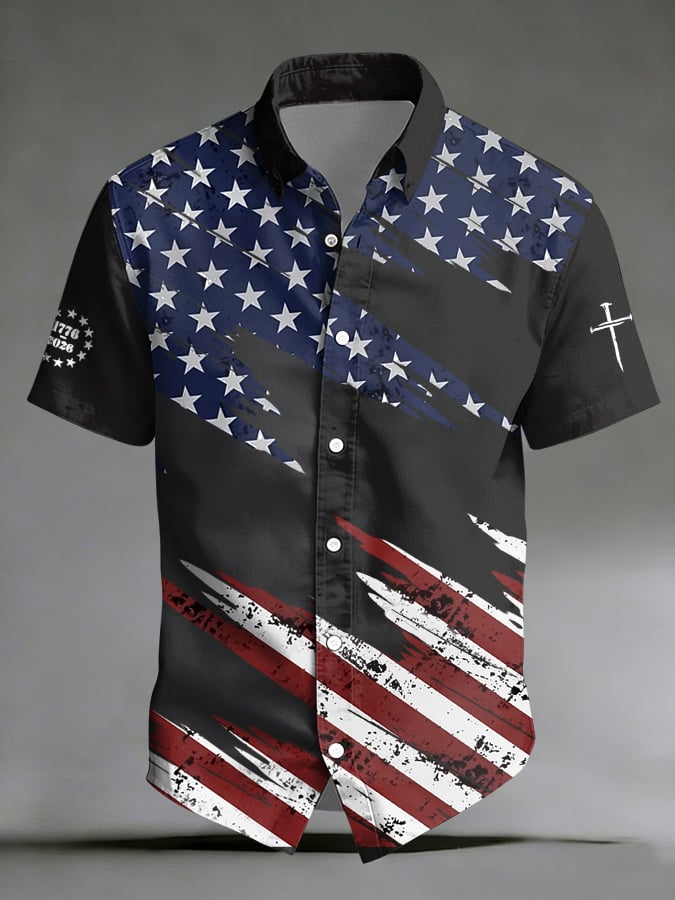 Men's Vintage Flag Print Short-Sleeve Shirt