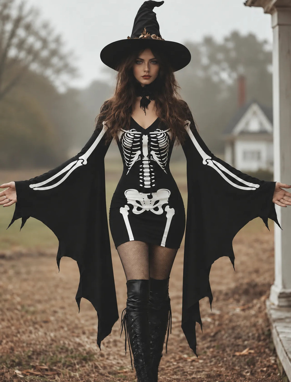 Women's Gothic Skeleton Batwing Flare Sleeve V Neck Bodycon Dress – Halloween Costume