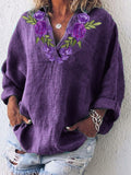Women's Cotton And Linen Purple Floral V-Neck Top