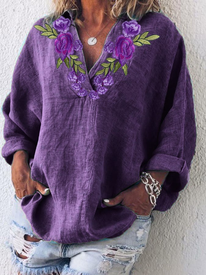 Women's Cotton And Linen Purple Floral V-Neck Top