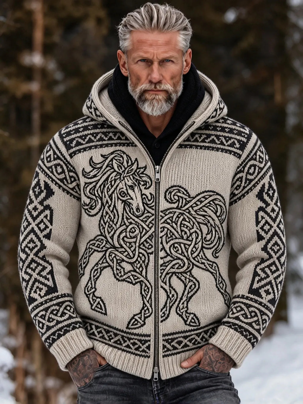 Men's Vintage Nordic-style Knitted Jacquard Zip-up Hooded Cardigan