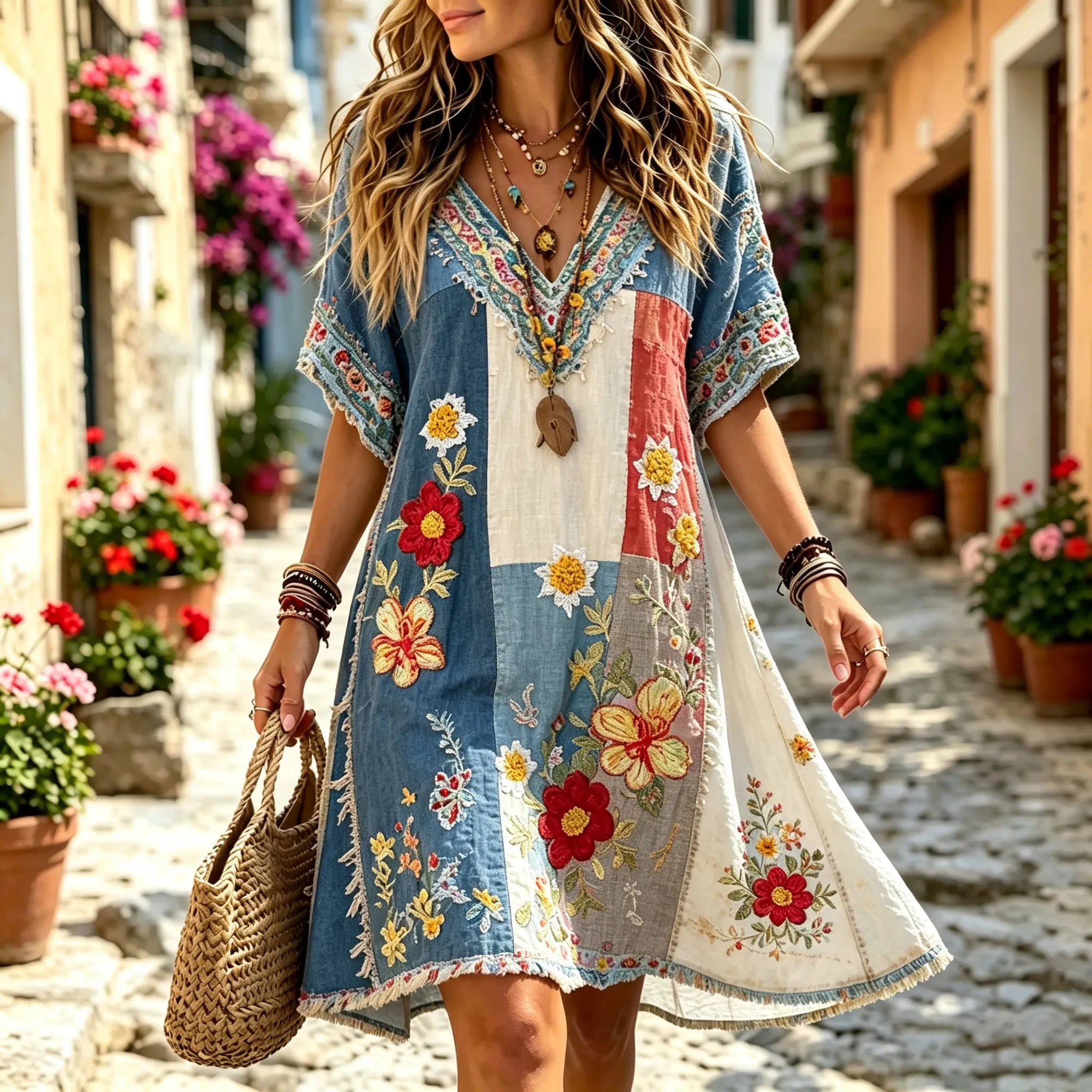 Women's Retro Floral Patchwork Art Cotton Linen Casual Dress