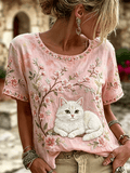 Women's Casual Retro Short-Sleeve Top with Floral Breast Cancer Awareness Print