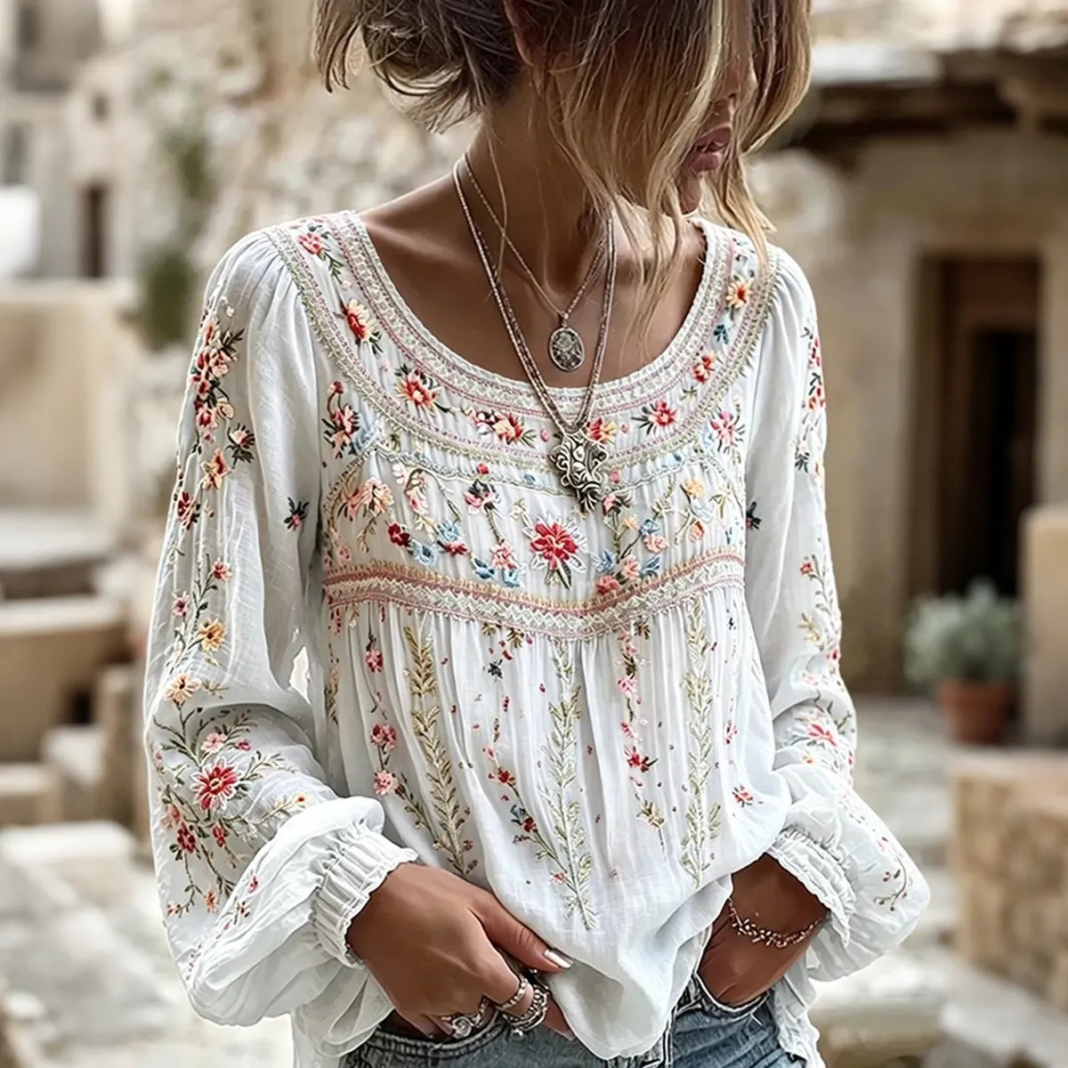 Women's Retro Bohemian Floral Embroidery Pattern Casual T-shirt