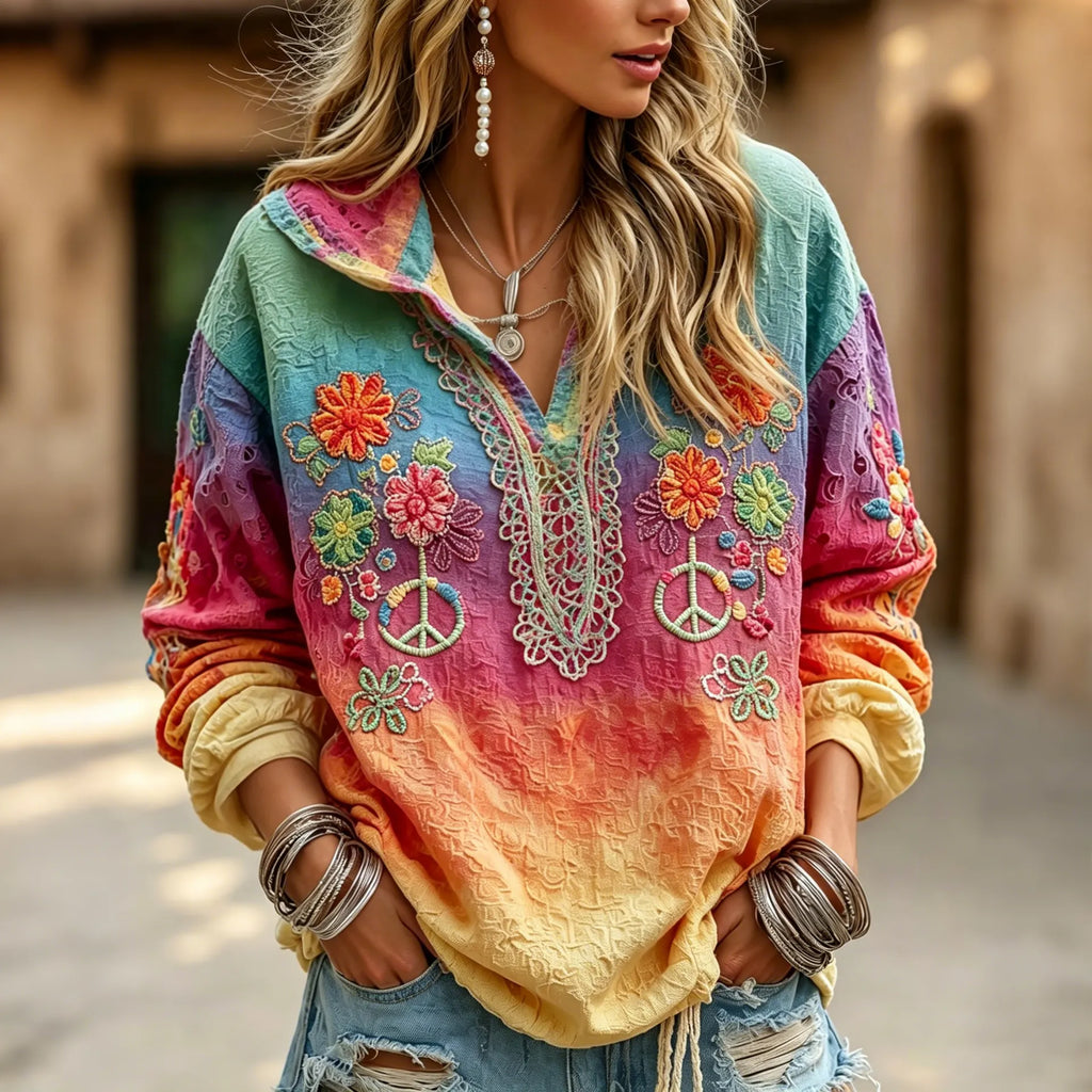Women's Retro Autumn Hippie Floral Art Flowy Linen Blend Hooded Tops