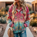 Women's Vintage Hippie Gradient Floral Art Cozy Warm Zipper Hoodie