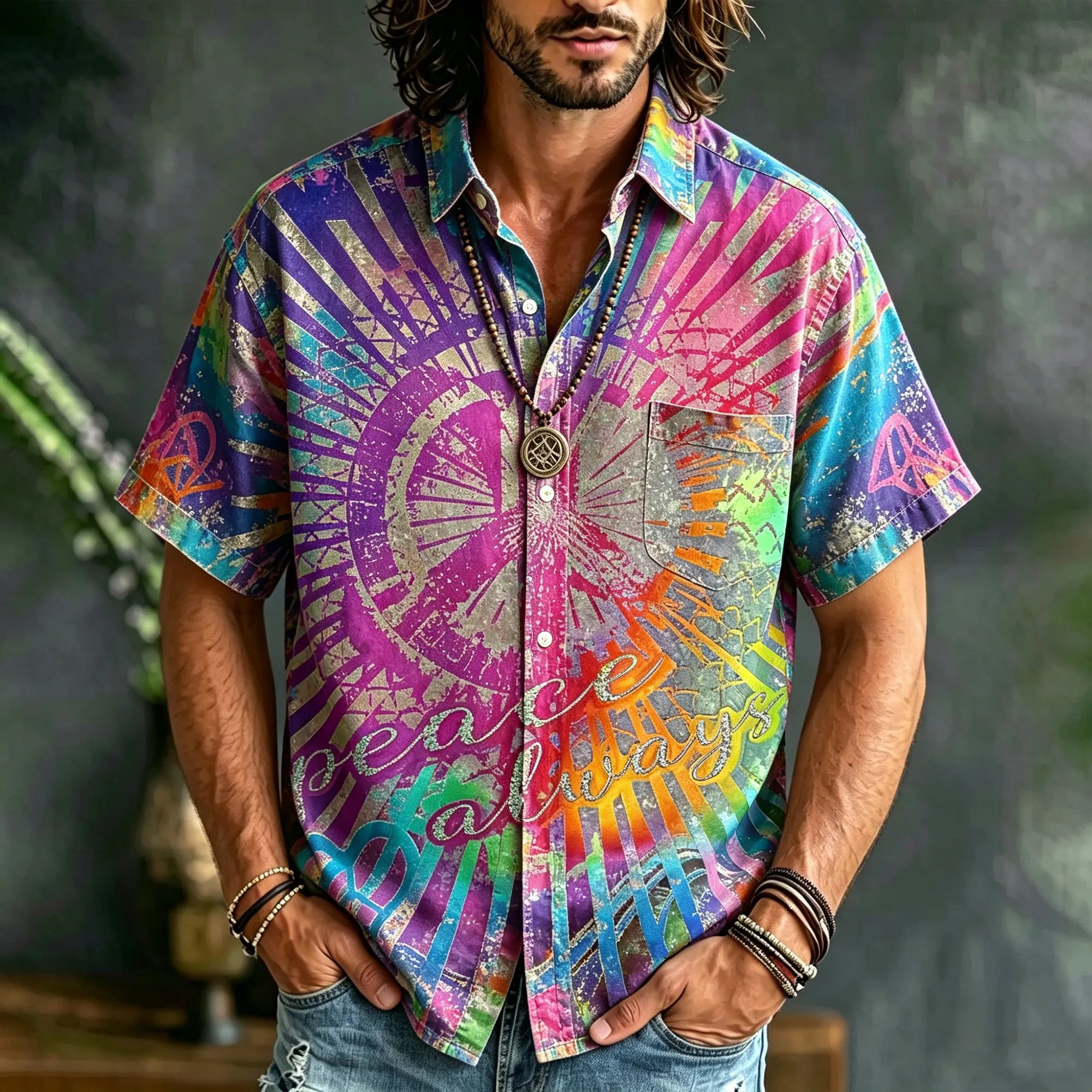 Retro Hippie Distressed Psychedelic Rainbow Peace And Eternity Print Shirt