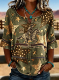 Women's Western Independence Day Cowboy Horse Star Printed T-shirt