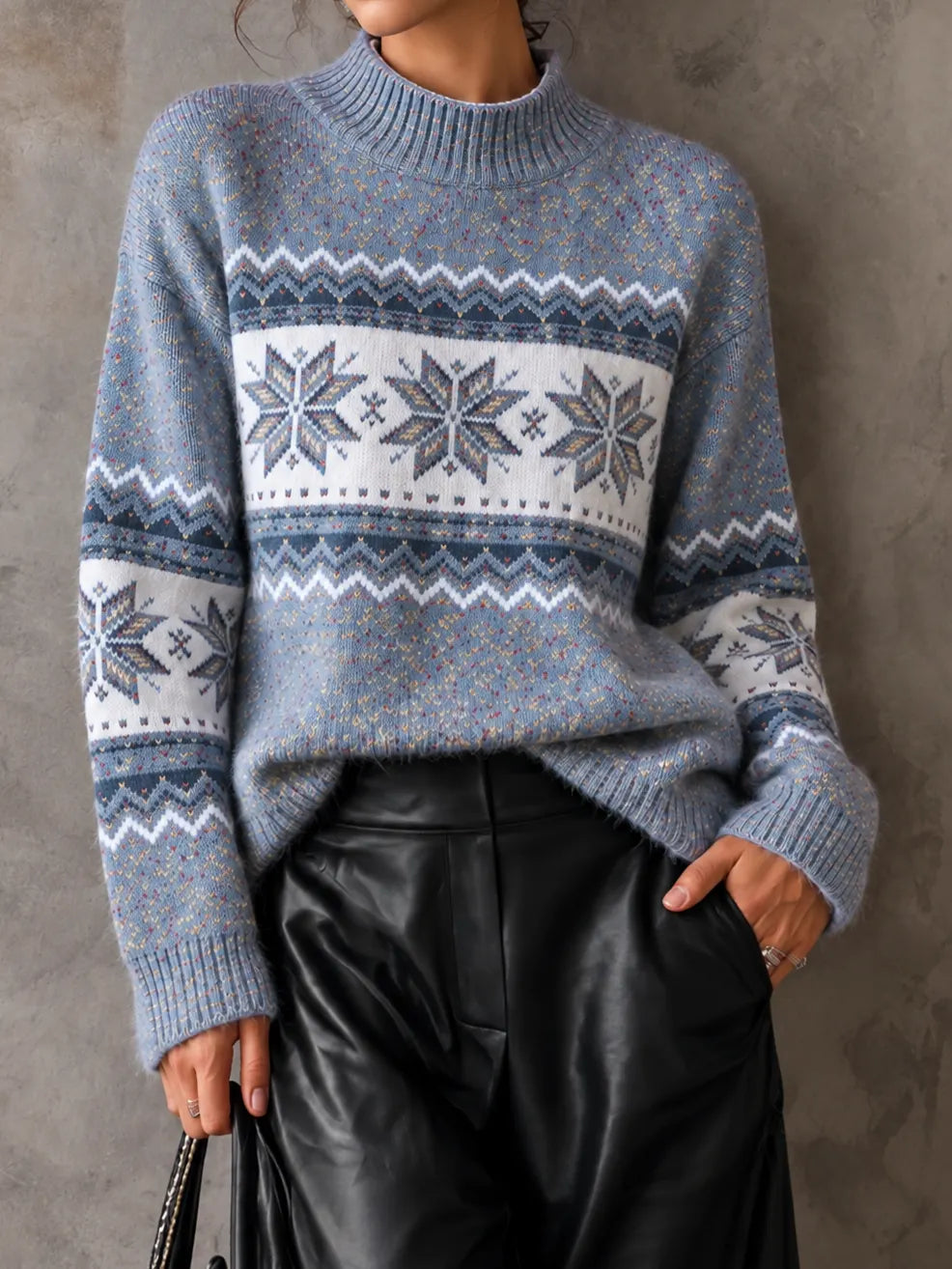 Elegant Mock-neck Snowflake Sweater