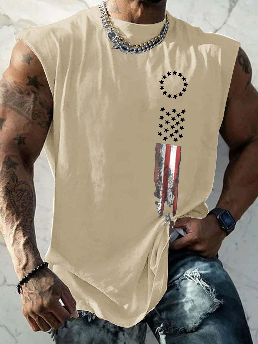 America Flag Pattern Round Neck 100% Cotton Tank Top