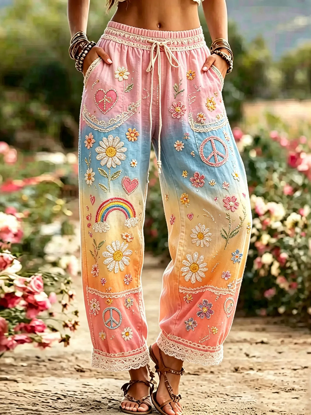 Women's Hippie Floral Rainbow Print Linen Pants